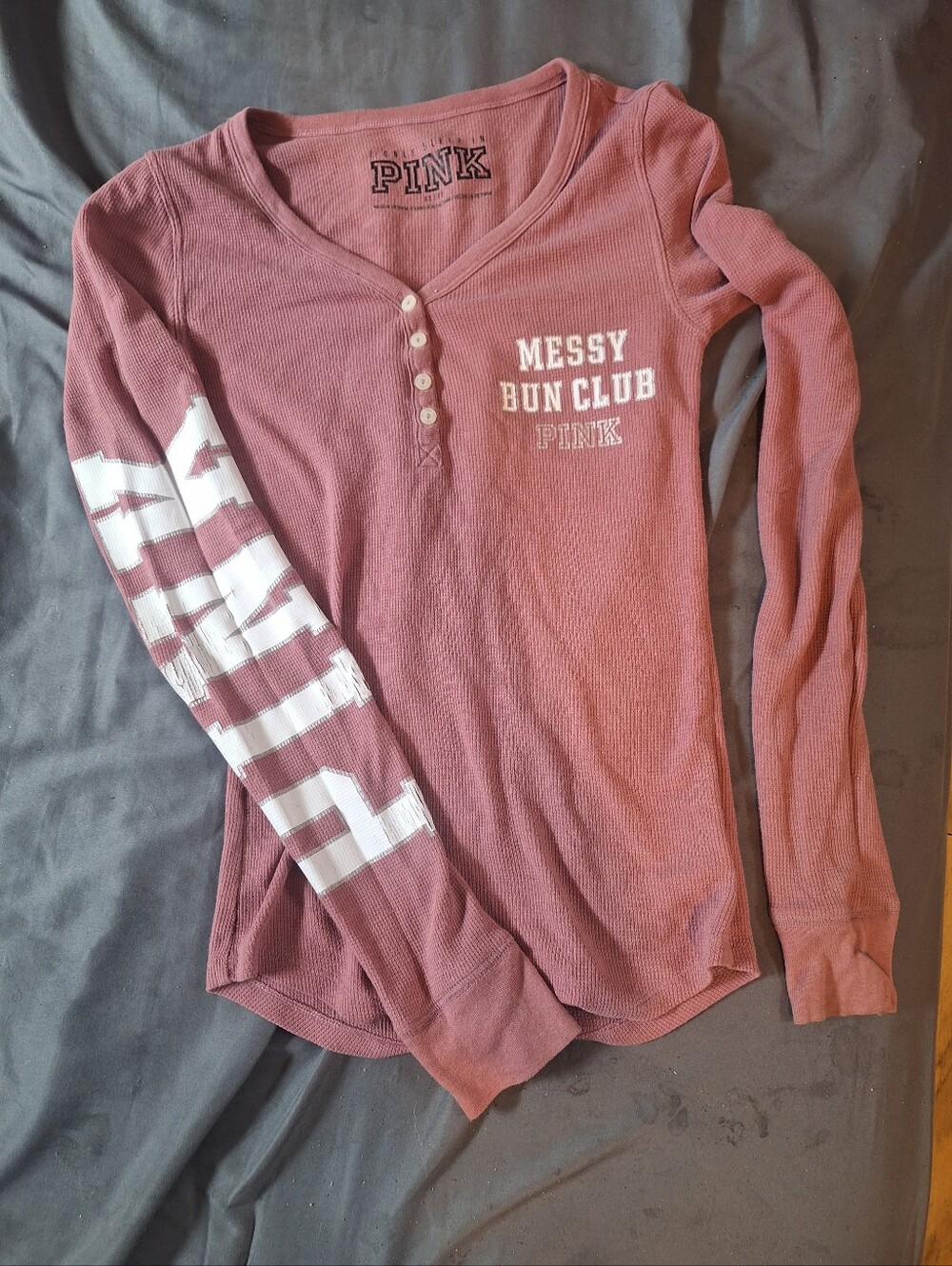 PINK Victoria's Secret Henley "Messy Bun Club" - Dusty Rose Pink